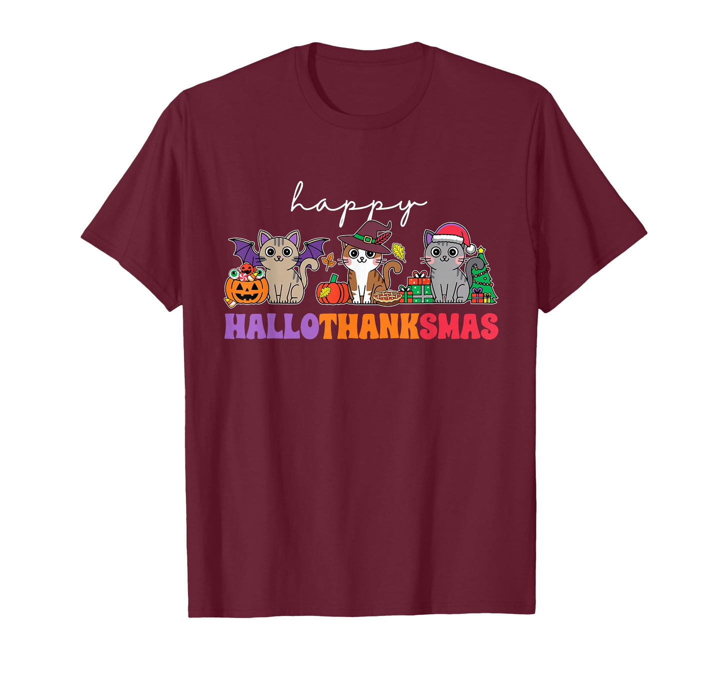 HalloThanksMas Cats T-Shirt: Unisex-Adults, Unisex-Kids, Black, Small, Short Sleeve, T-Shirt, Halloween, Thanksgiving, Christmas, Fall, Winter, Autumn
