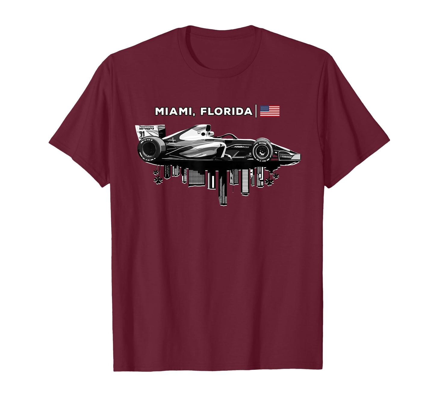 Miami Florida Racing Car Silhouette USA Flag T-Shirt