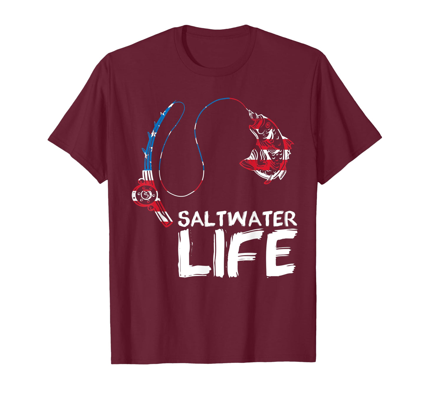Saltwater Life US Flag Fishing Rod Bass Fishing Fish Catcher T-Shirt