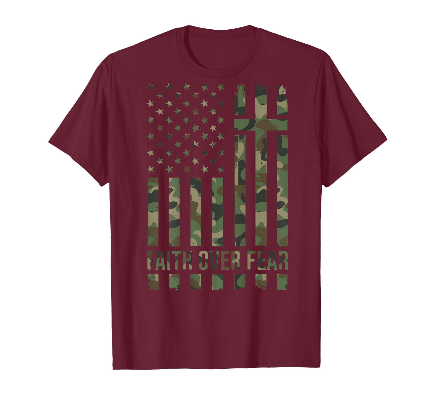 Camo Faith Over Fear Christian Patriotic Cross American Flag T-Shirt