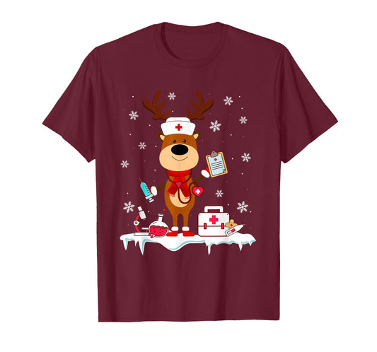 Christmas Nurse Reindeer Funny Xmas Scrub Top Nursing Women T-Shirt