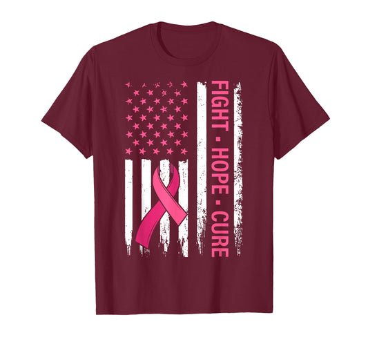 Breast Cancer Awareness Fight Hope Cure Pink Ribbon US Flag T-Shirt
