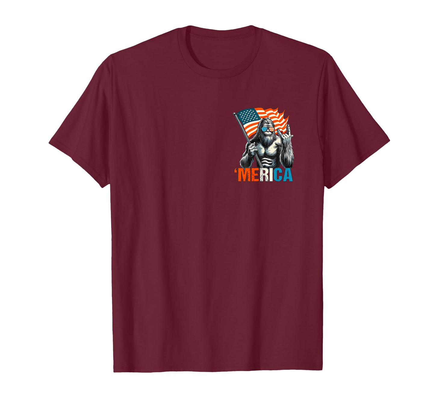 Bigfoot Merica Rock USA American Flag 4th of July 2 Side T-Shirt