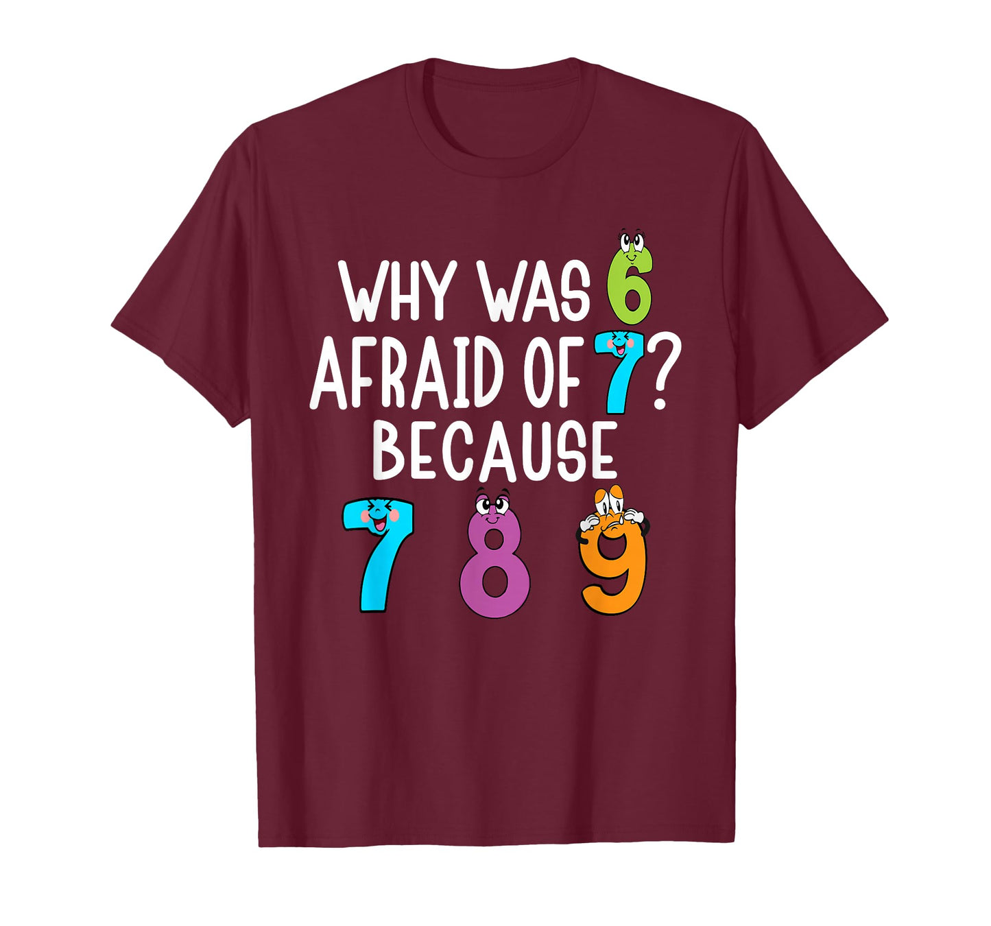 Funny why was 6 Afraid of 7 Because 7 8 9 Math Kids Teacher T-Shirt