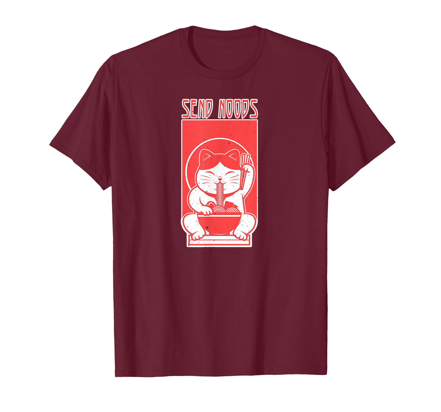 Funny Send Noods Lucky Cat Eating Ramen Noodles Distressed T-Shirt