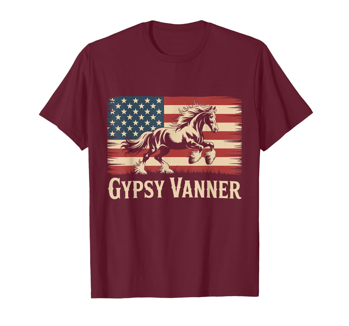 Vintage American Flag Running Gypsy Vanner Darft Horse T-Shirt