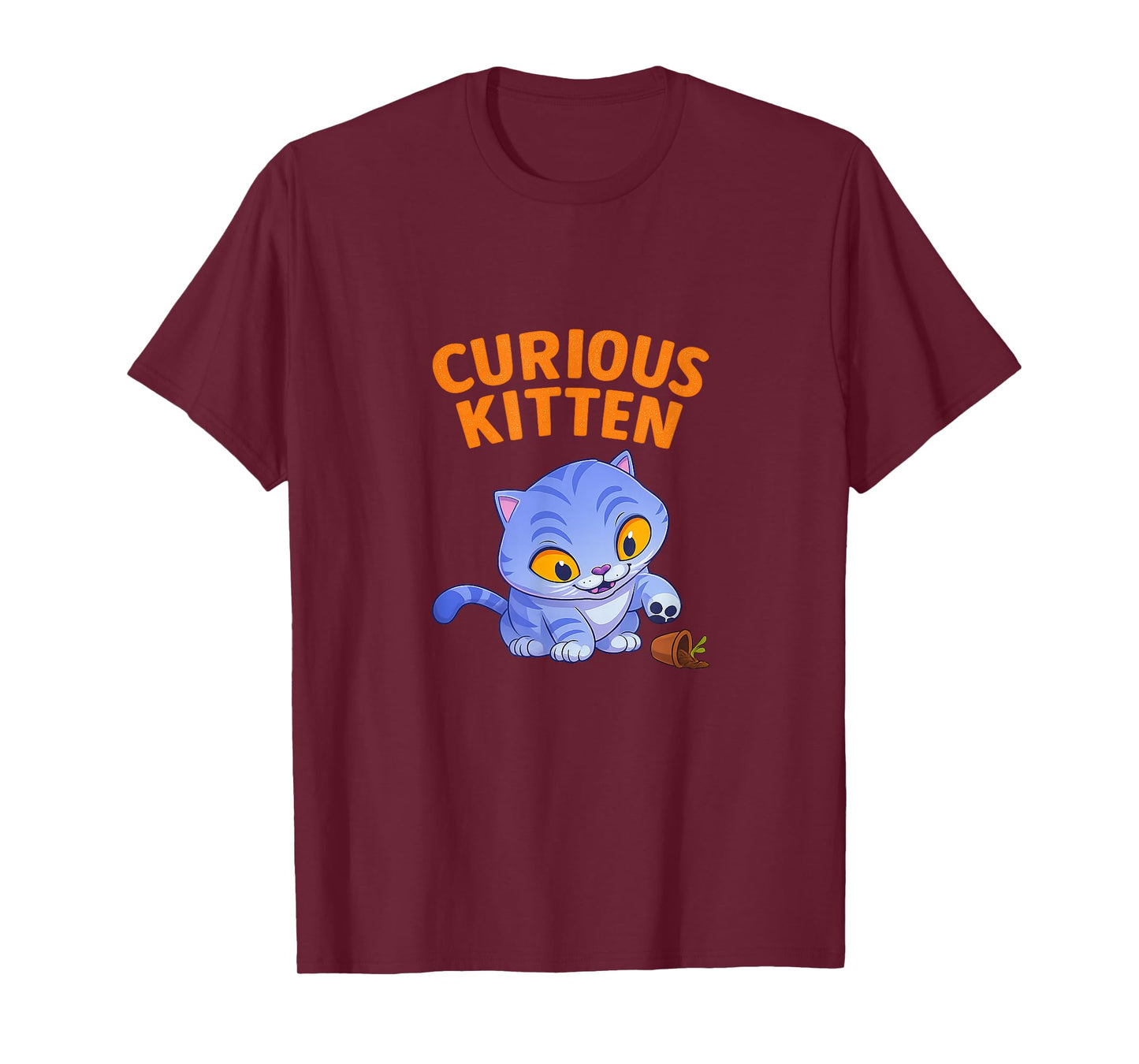 Derpy Curious Kitten with Plant Vase Funny Cat Graphic T-Shirt
