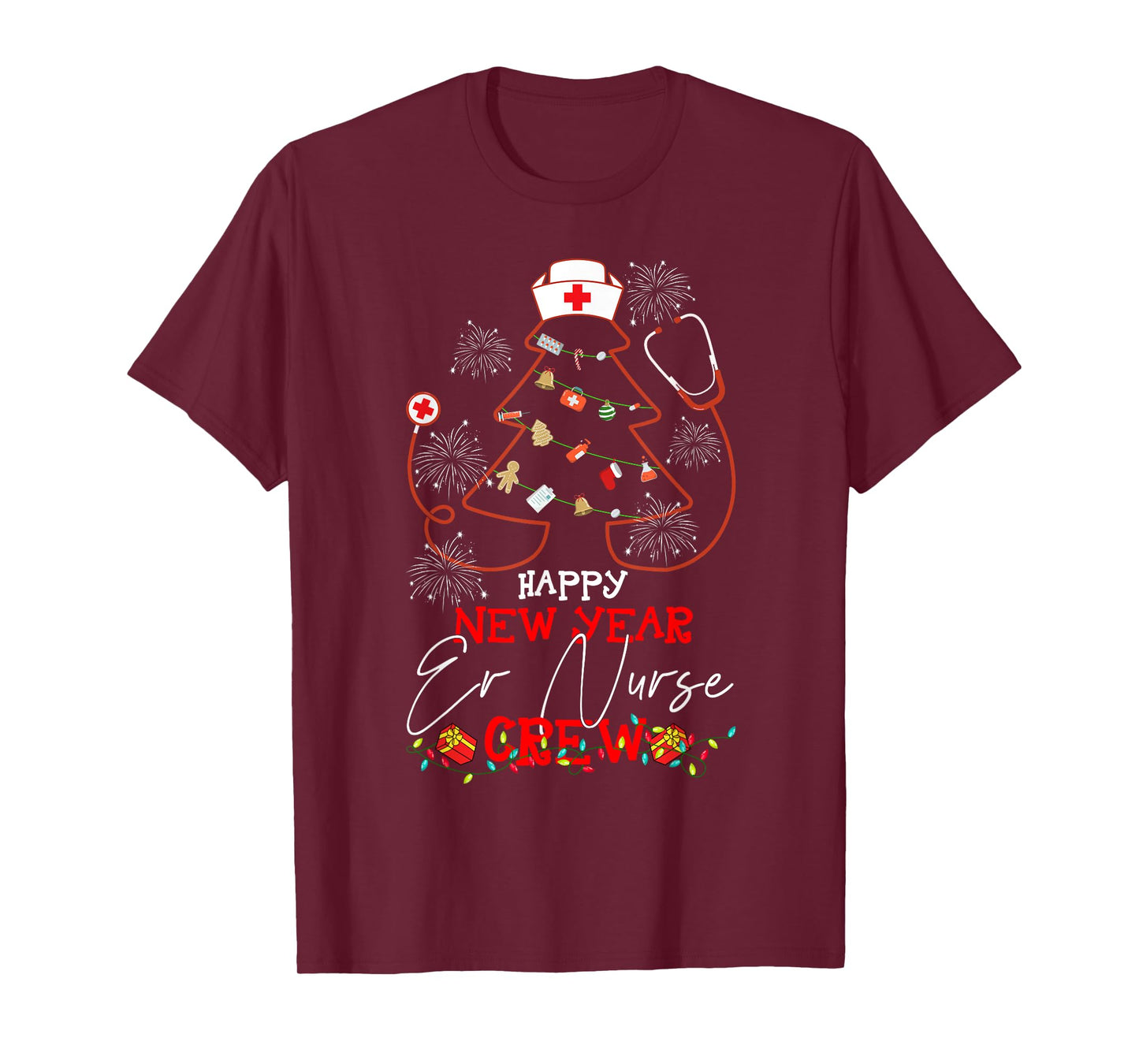 Christmas T-Shirt - Happy New Year ER Nurse Crew Reindeer Nurse - Black, Small - Women-Adults