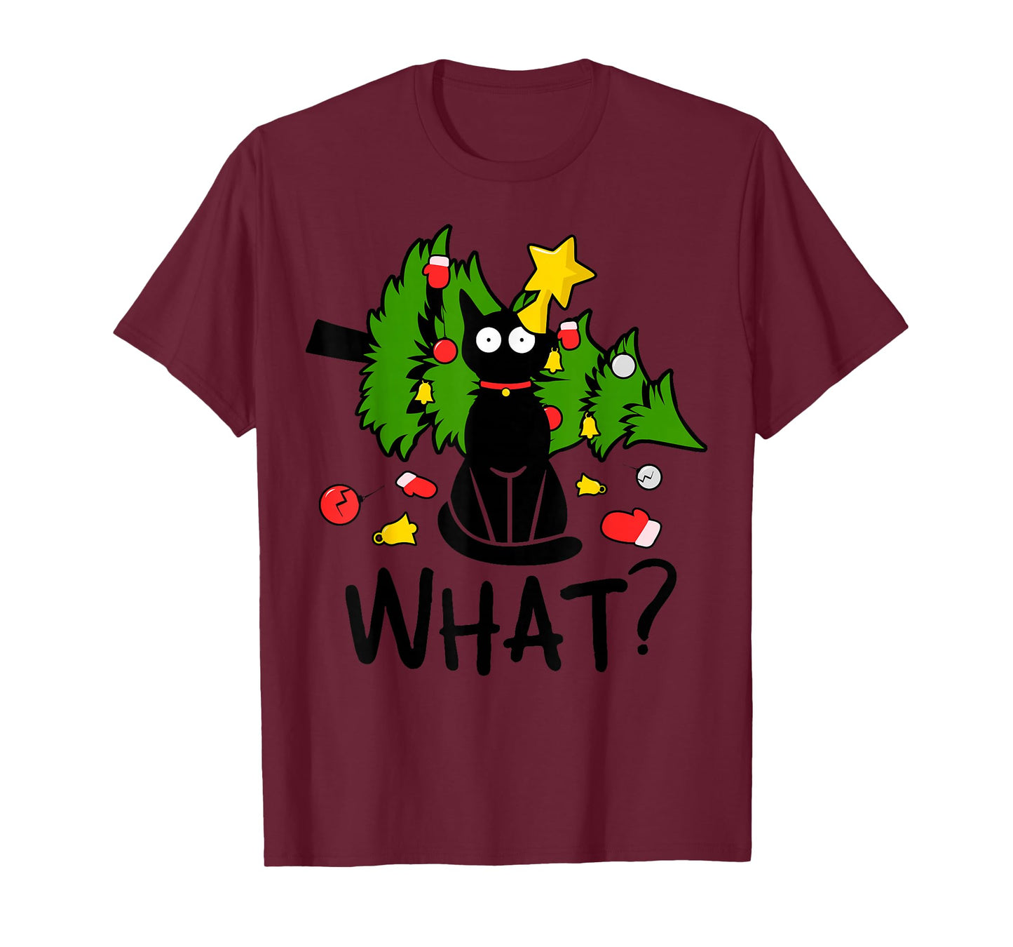 Funny Black Cat Christmas Tree Merry Xmas Humor Cat What? T-Shirt