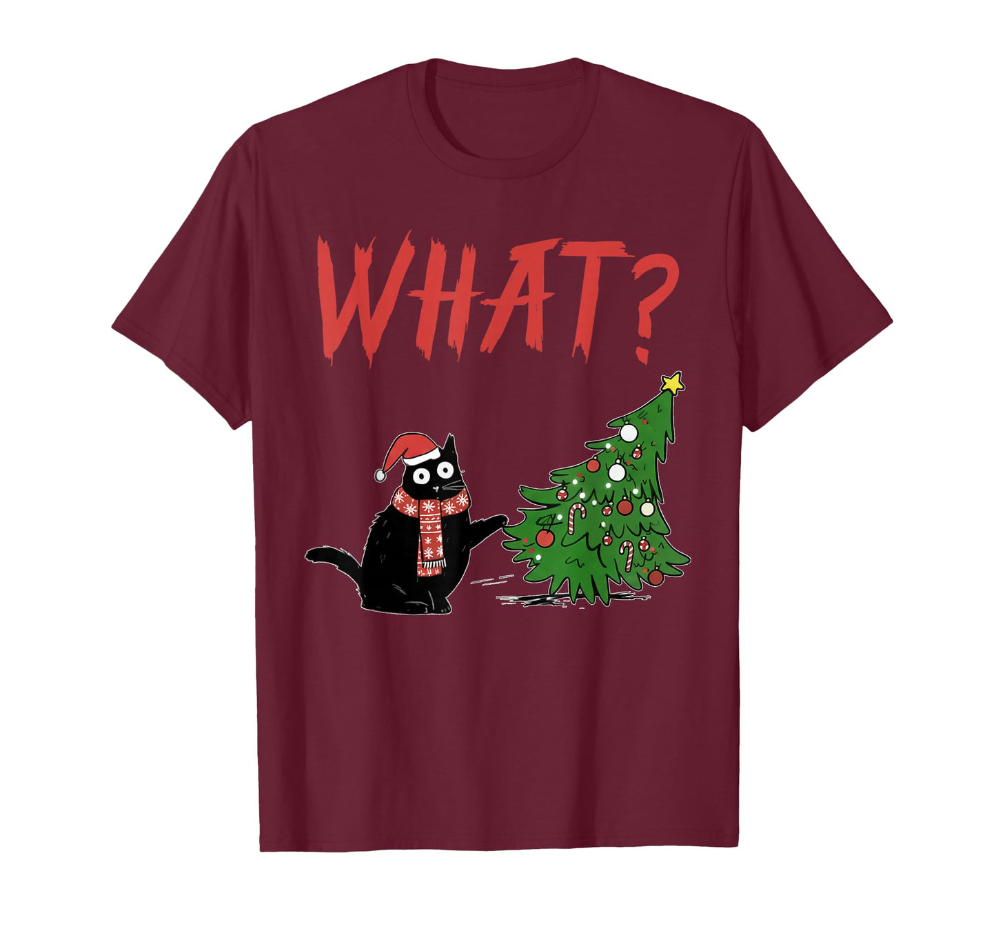 Funny Black Cat Gift Pushing Christmas Tree Over Cat What? T-Shirt