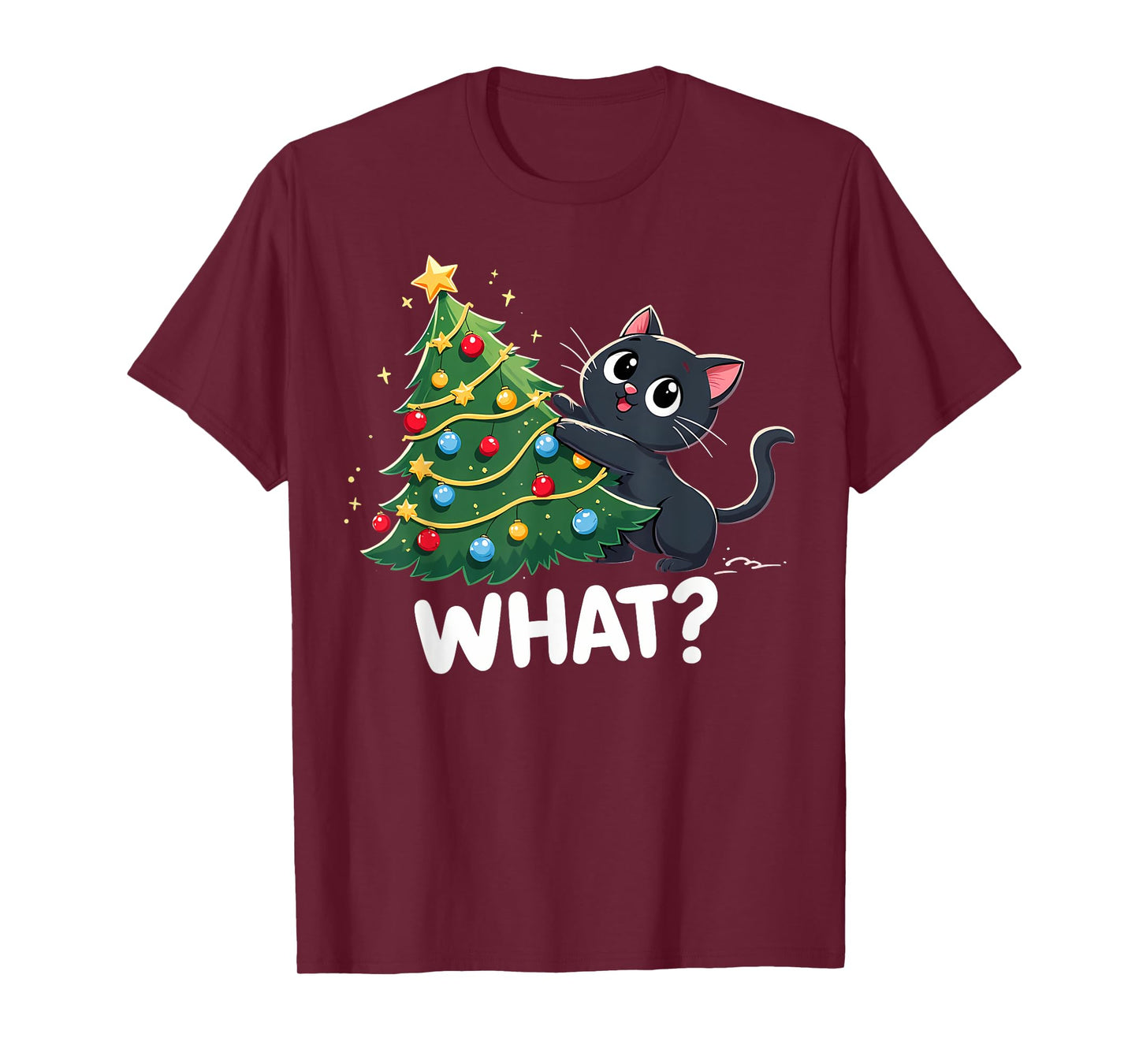 Black Cat Pushing Christmas Tree Knocking Over What? Funny T-Shirt for Men Women Kids