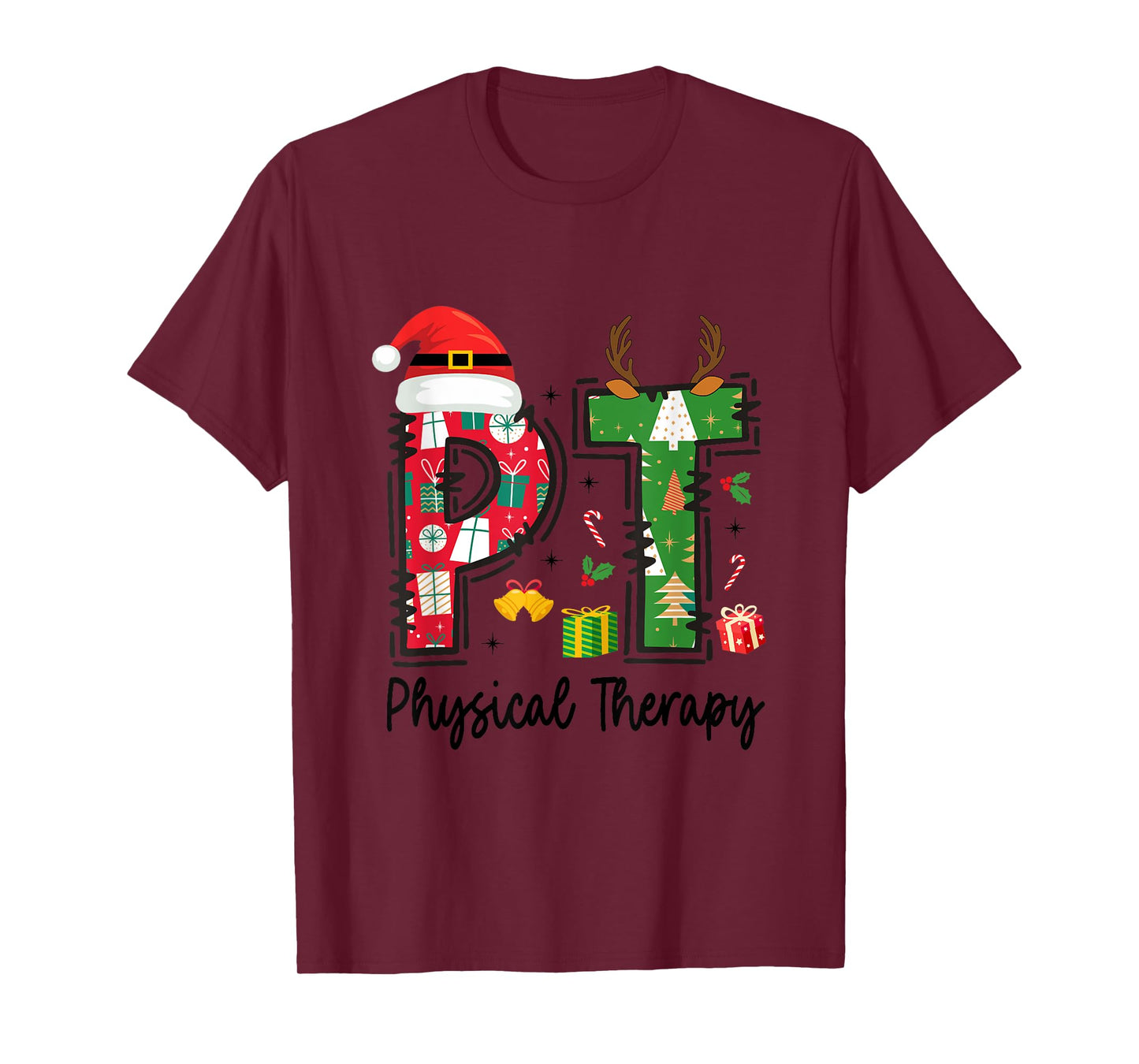 Christmas Physical Therapy Ls Unisex-Adults T-Shirt Grey Small Classic Fit Short Sleeve Graphic Cartoon Holiday Physical Therapy Therapist Xmas T-Shirt