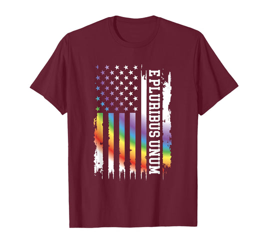 E Pluribus Unum United States Distressed Rainbow w US Flag T-Shirt