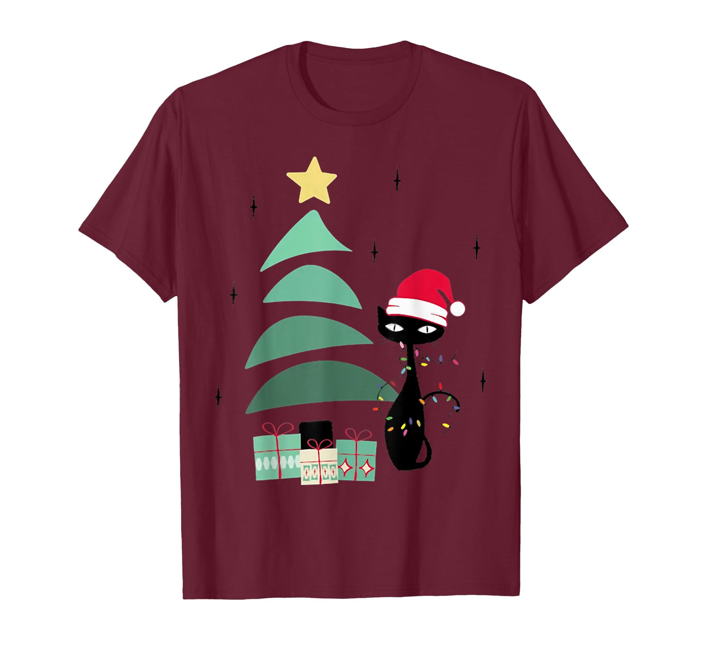 Funny Retro Mid Century Atomic Christmas Tree and Cat T-Shirt for Men Women Kids