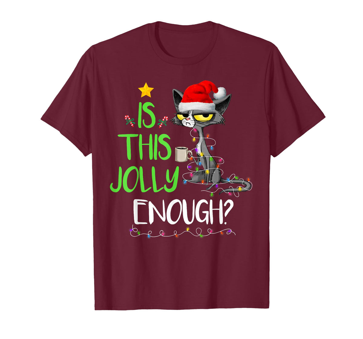 Is This Jolly Enough Black Cat Merry Christmas Tree Lights T-Shirt for Men Women Kids