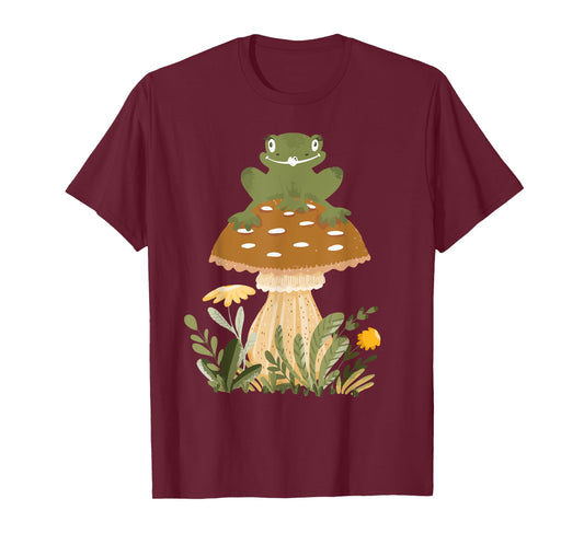 Cute Cottagecore Aesthetic Frog on Mushroom Teen Girl Women T-Shirt