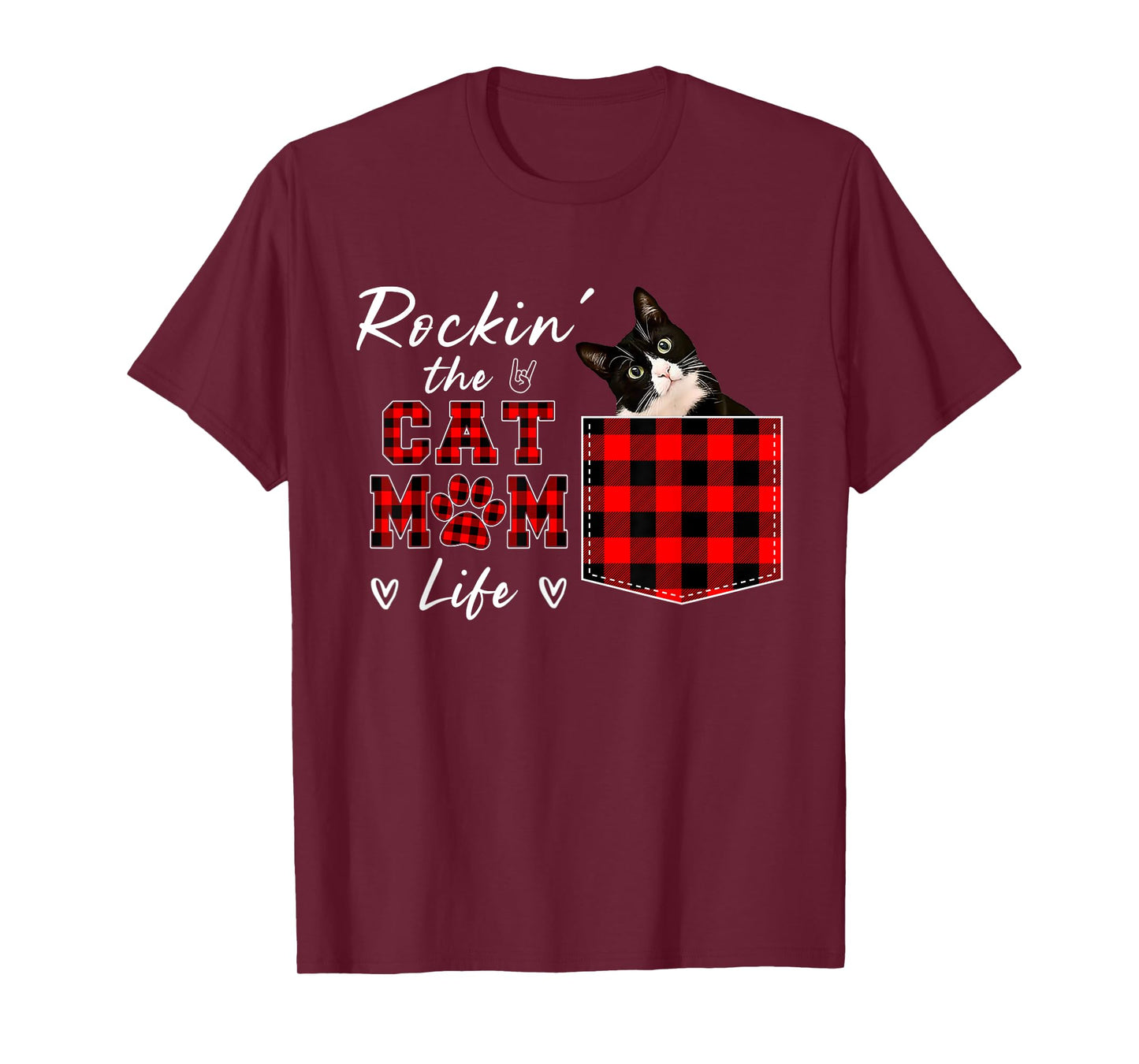 Tuxedo Cat & Buffalo Plaid Pocket Roc-kin The Cat Mom Life Men Women T-Shirt