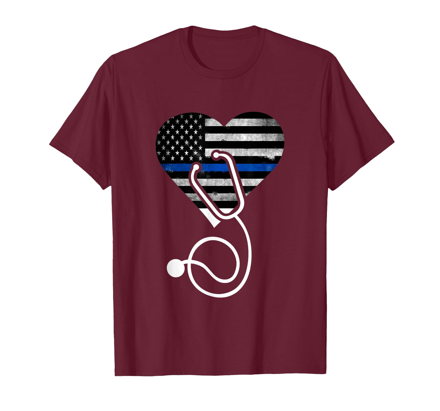 American Flag Heart with Police Thin Blue Line Nurse RN LVN T-Shirt