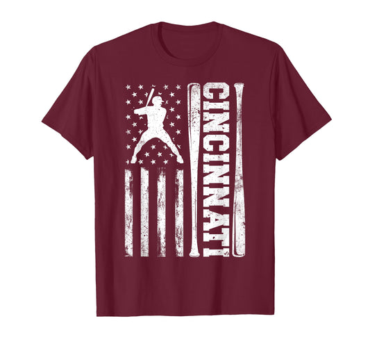 American US Flag Vintage Cincinnati Baseball Lover Men Boys T-Shirt