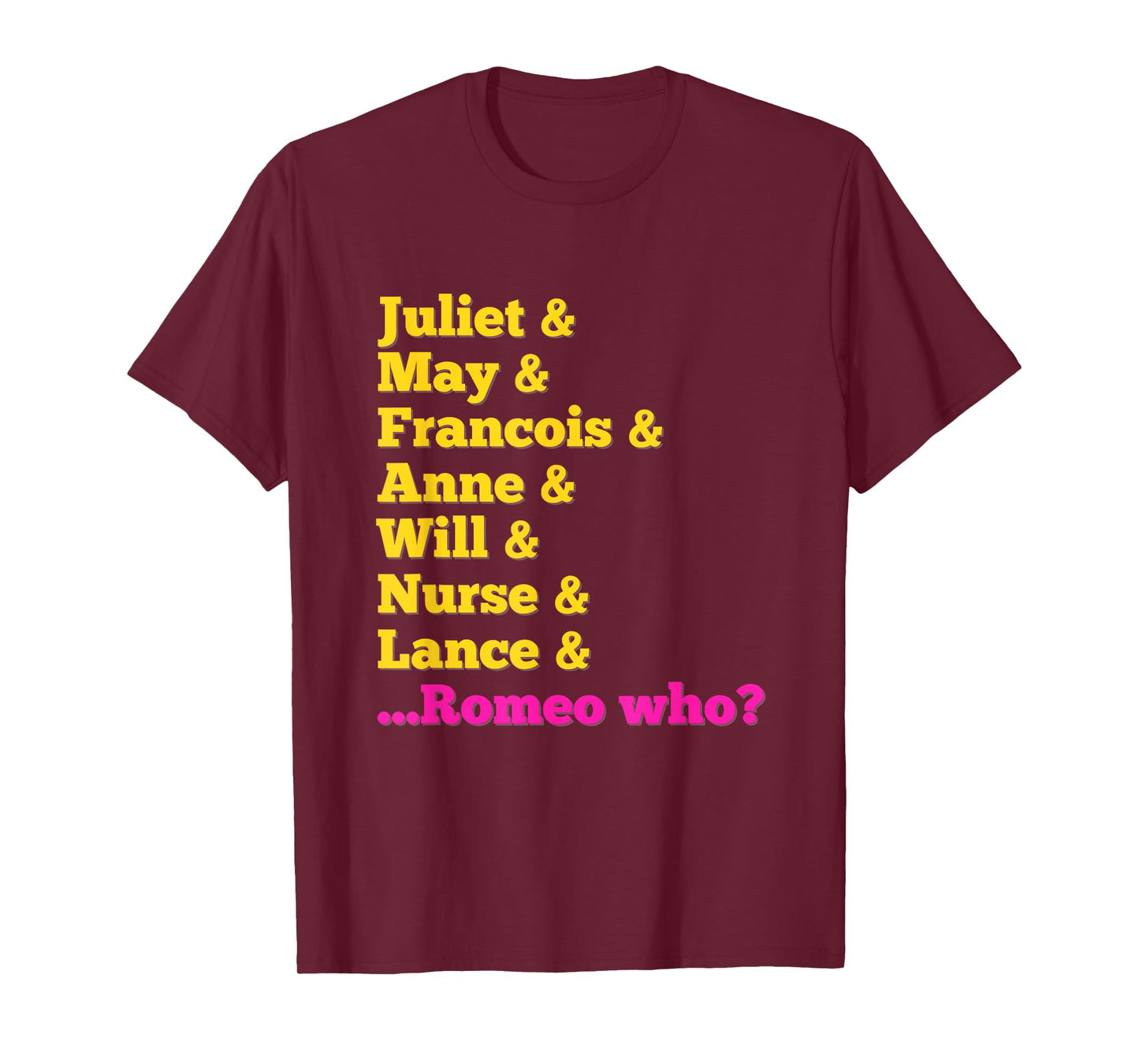 Stage Notes & Juliet Characters 'Romeo Who?' Musical Theatre Musicals T-Shirt - Black, Unisex-Adults, Small, Short Sleeve, Cotton 65% Polyester 35%, Classic Fit, Casual Playful Letter Print
