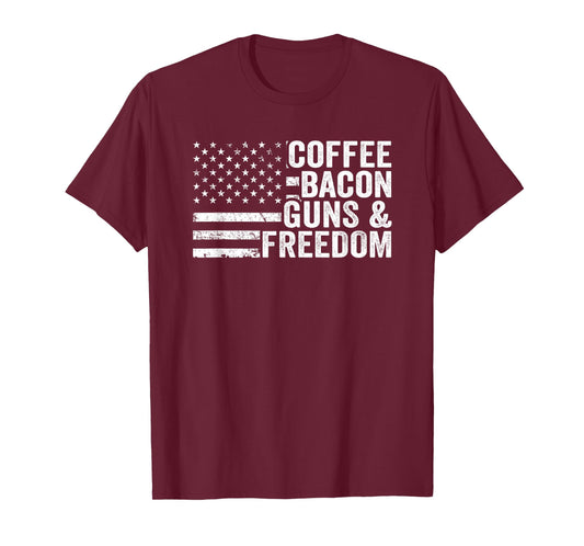 Coffee Bacon Guns & Freedom - Funny BBQ Grill Gun USA Flag T-Shirt