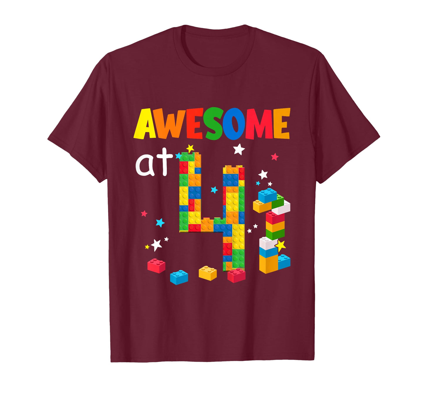 Kids Building Blocks Bricks Awesome at 4 Years Old Birthday Boy T-Shirt