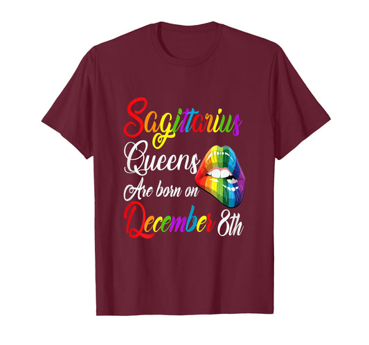 Womens Queens Are Born on December 8th Rainbow Lips Sagittarius T-Shirt
