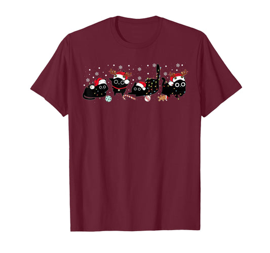Cute Cats Santa Reindeer Funny Christmas Lights Cat Lover PJ T-Shirt