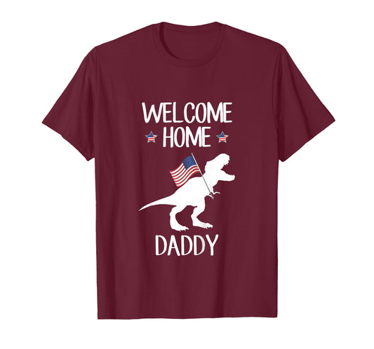 Kids Welcome Home Daddy Dinosaur T-Rex American Flag T-Shirt