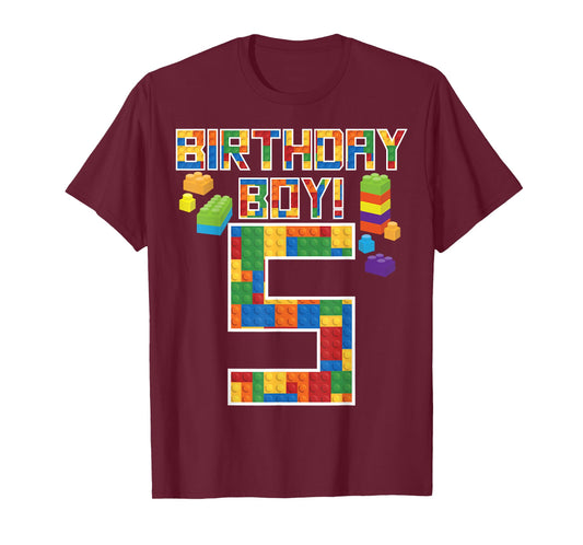 Cute 5th Birthday Gift 5 Years Old Block Building Boys Kids T-Shirt