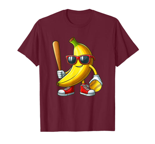 Banana Sunglasses Playing Softball Funny Fruit Sport Player T-Shirt