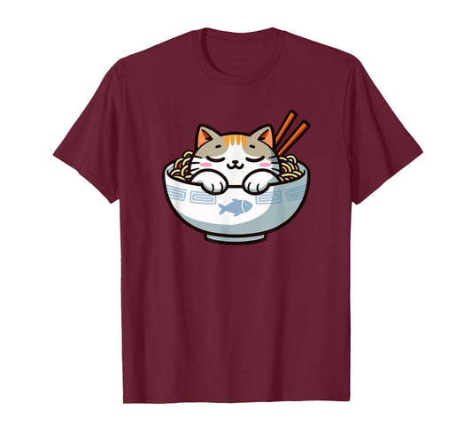 Cute Anime Merch Cat Design Japanese Ramen Noodle Clothes- T-Shirt