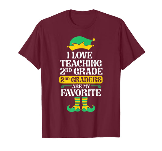2nd Grade Teacher Elf Christmas School Party I Love Teaching Men Women Kids T-Shirt