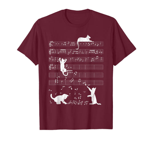 Cute Cat Distressed Music Notes Kitty Piano Musician T-Shirt for Men Women Kids