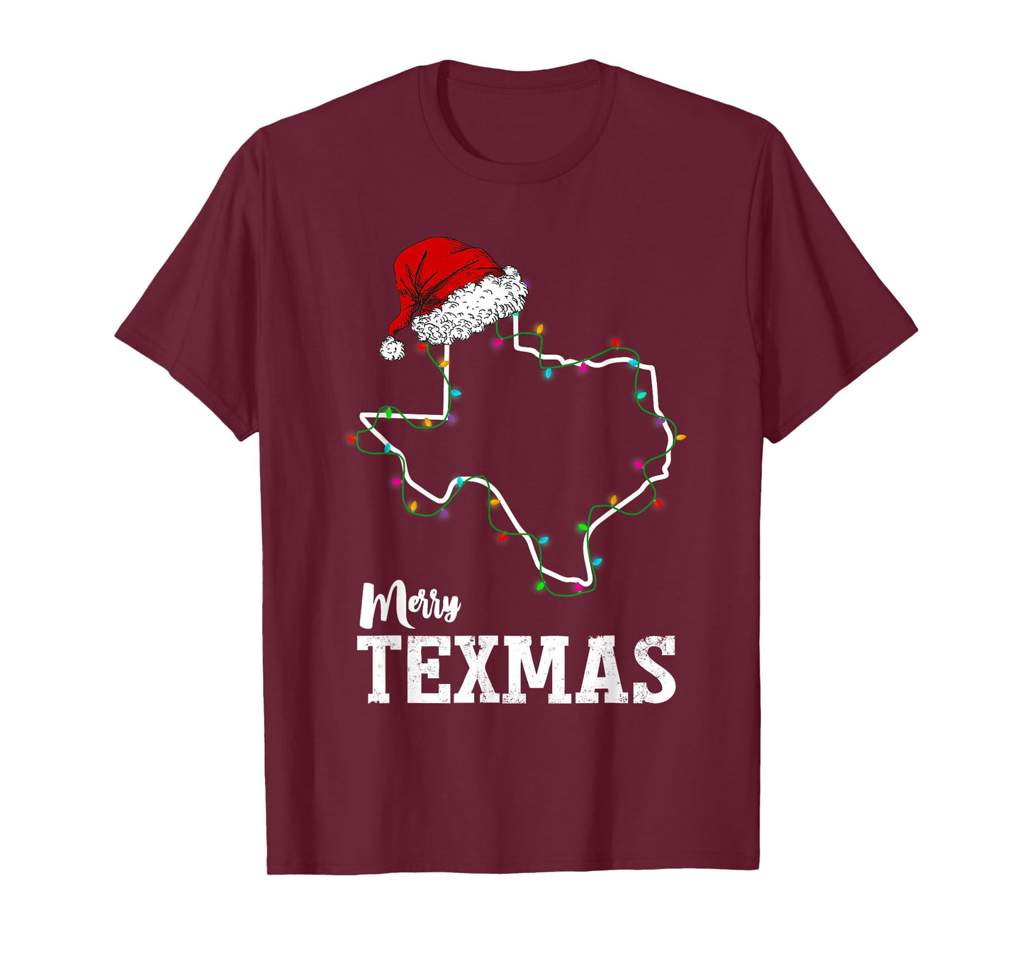 Merry Texmas Texas State Christmas Light Outline Santa Hat T-Shirt