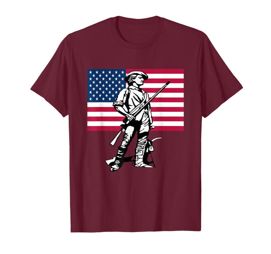 Minute Man Statue with American Flag Backdrop T-Shirt