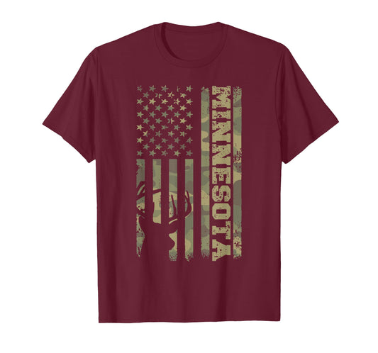 Minnesota Deer Hunter Vintage Deer Hunting Camo USA Flag T-Shirt for Women Kids Men
