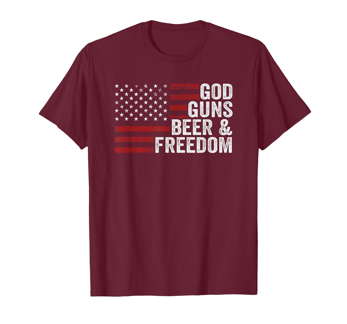 GOD GUNS BEER & FREEDOM - Funny Drinking Gun USA Flag T-Shirt
