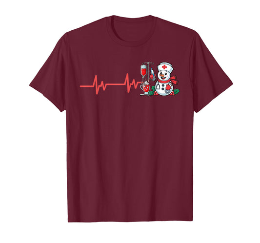Christmas Nurse Heartbeat Snowman Xmas Scrub Top RN Women T-Shirt