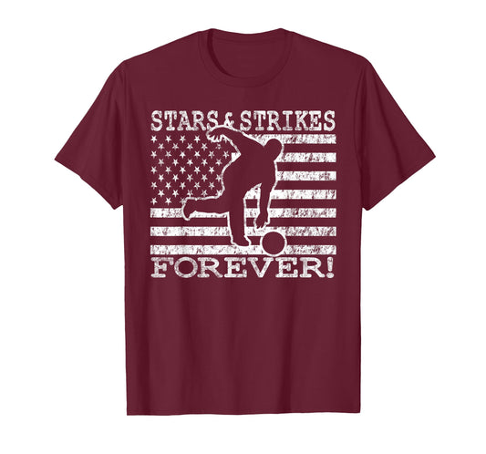Stars and Strikes Forever Bowling American Flag Bowler T-Shirt