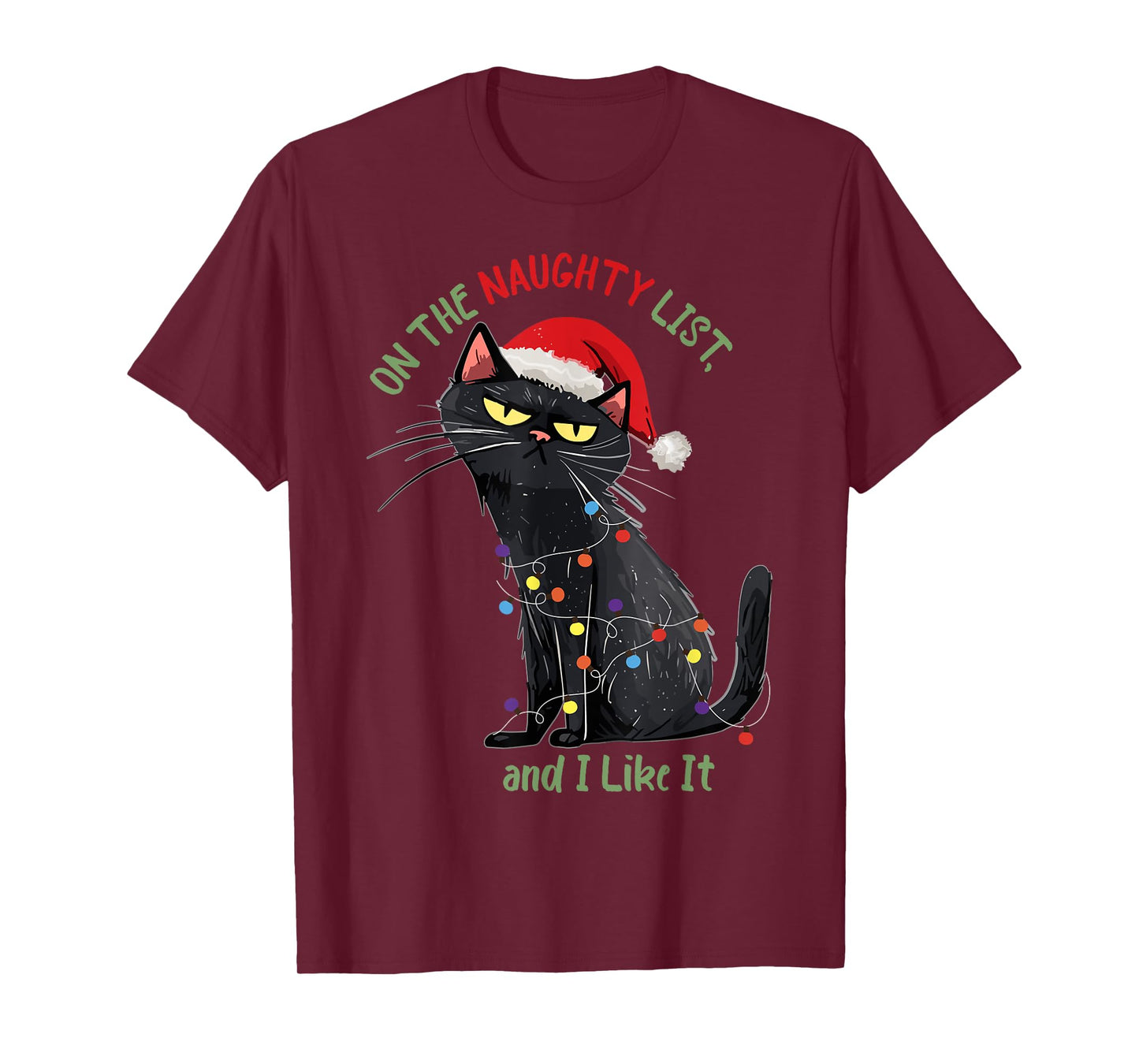 Funny Black Cat Christmas - On The Naughty List And I Like It - Cat Lover T-Shirt - Black, Short Sleeve, Unisex Adult, Small