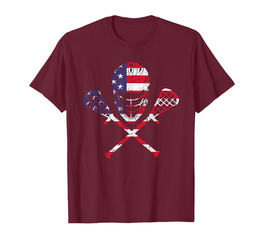 Lacrosse American Flag Helmet Sticks Men Tee 4th Of July T-Shirt