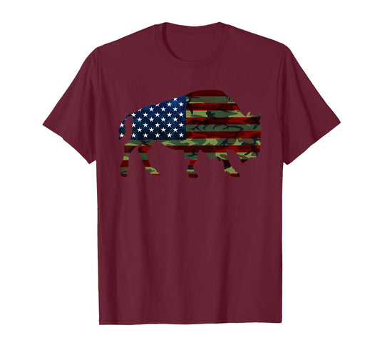 American Bison Cattle Ox USA Flag Camouflage Buffalo T-Shirt