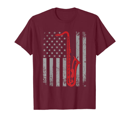 Saxophone Musician Jazz Music American Flag For Saxophonist Women Kids Men T-Shirt