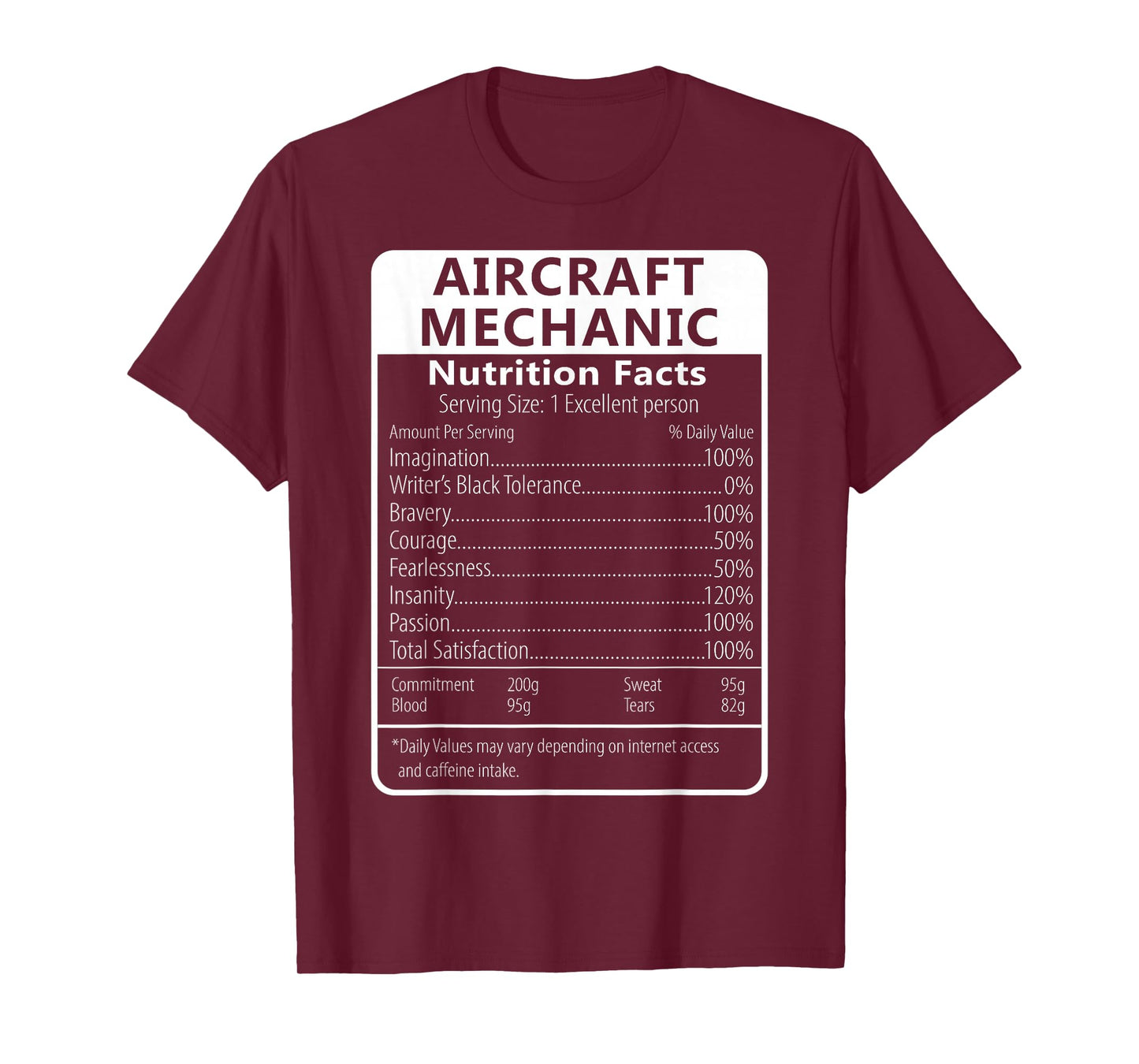 Aircraft Mechanic Nutrition Facts Sarcastic T-Shirt