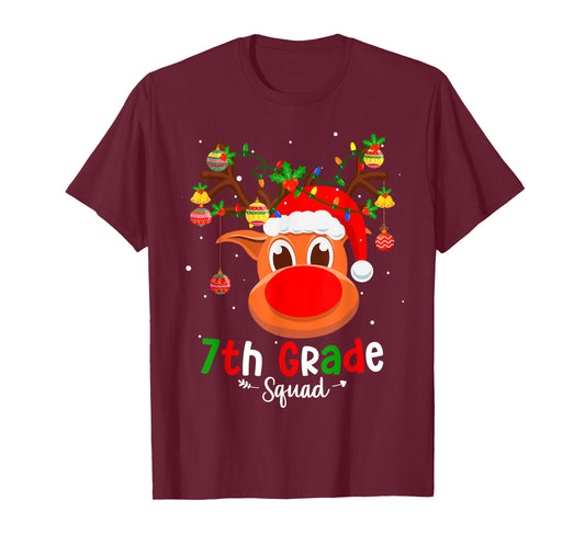 7th Grade Squad Plaid Reindeer Santa Hat Teacher Christmas Men Women Kids T-Shirt