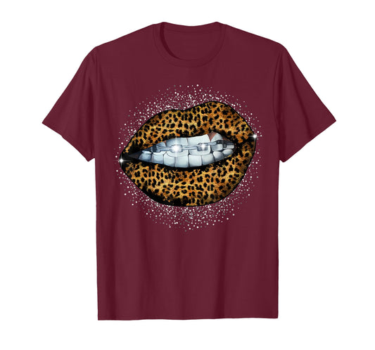 Cool Braces Dentist Leopard Cheetah Print Womens Lip T-Shirt