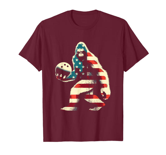 Bigfoot Bowler American Flag Patriotic USA Sasquatch Bowling T-Shirt