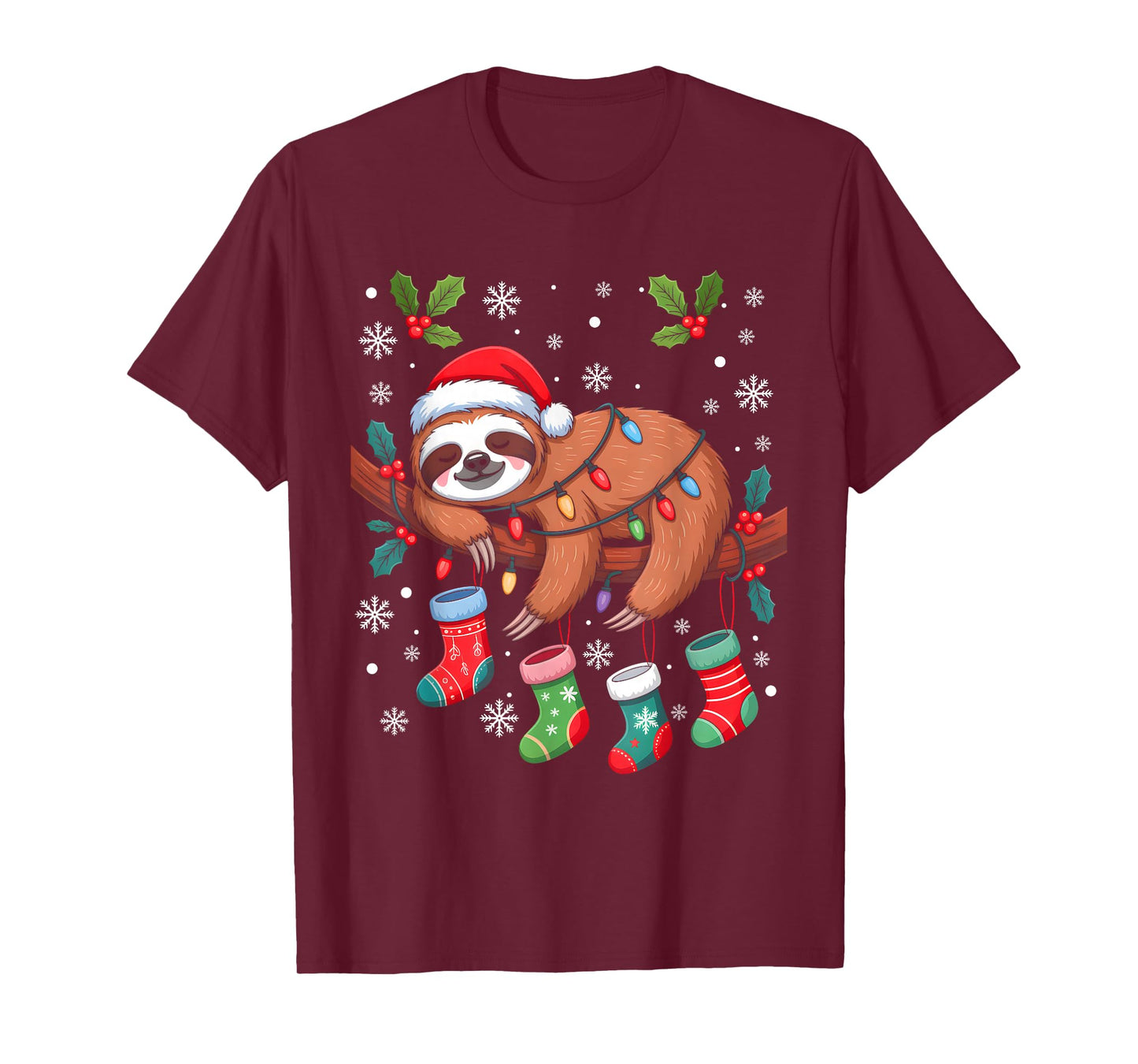 Funny Christmas Sloth Santa Hat Lights Family Xmas Pajamas T-Shirt