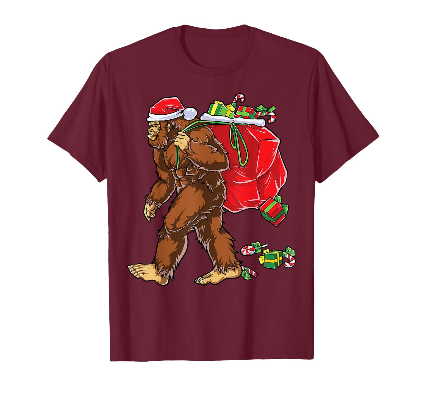 Bigfoot Santa Carrying Christmas Bag Xmas Hat Sasquatch Men T-Shirt